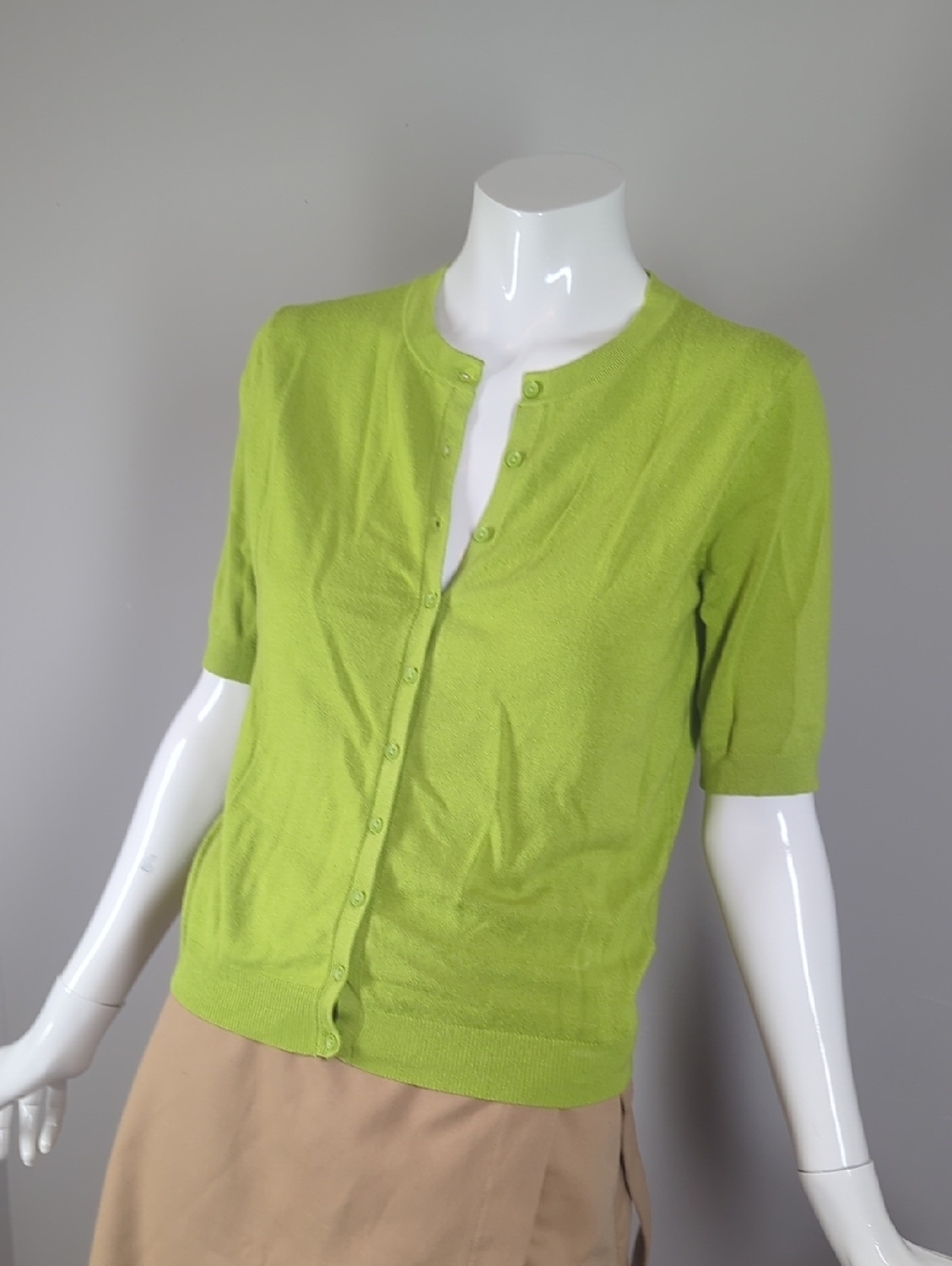 Zara Lime Green Short-Sleeve Button-Front Knit Top Small